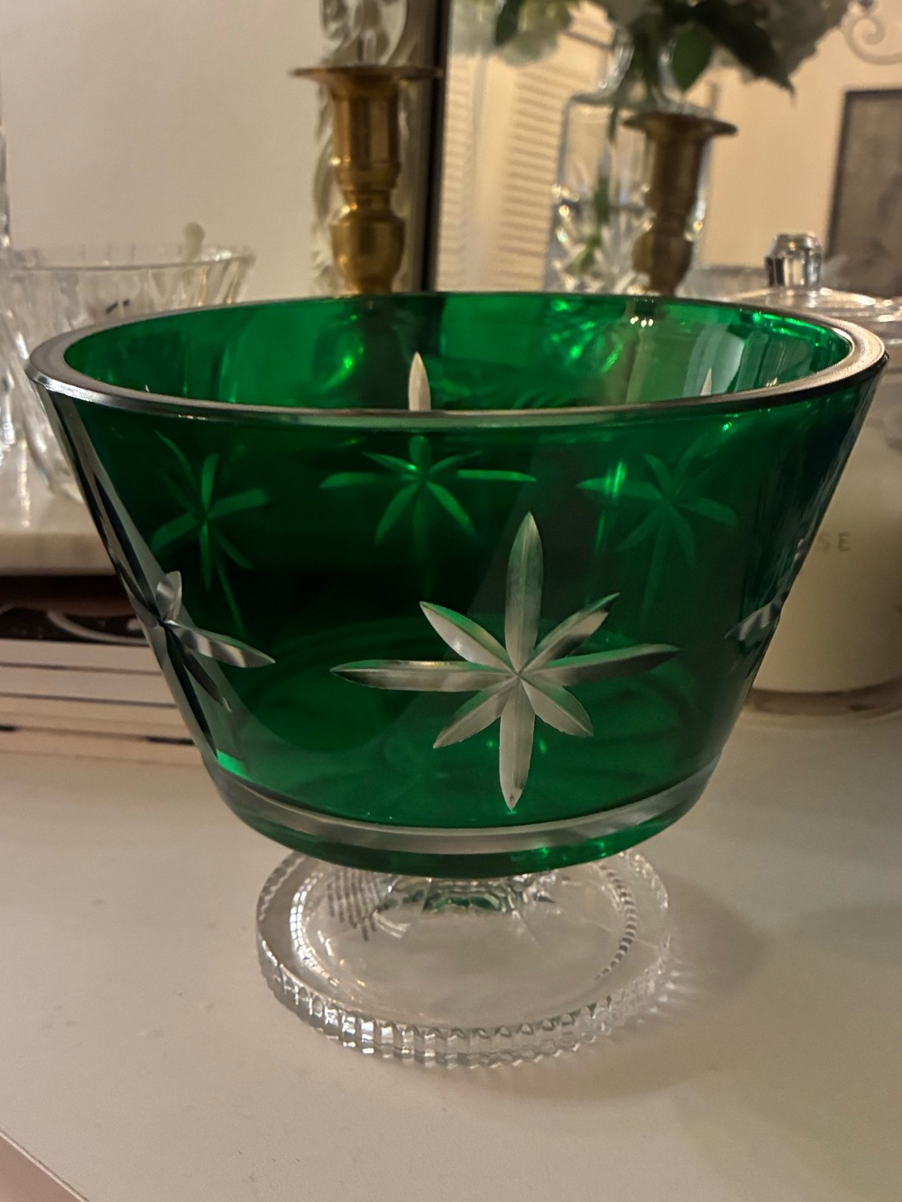 Waterford Emerald Green Crystal Footed Bowl Centerpiece Hollywood Regency